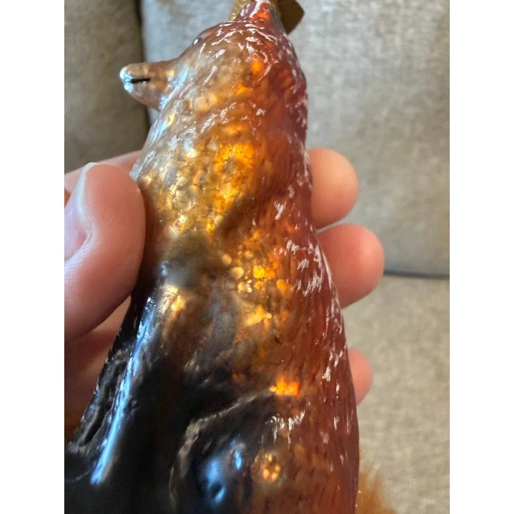 Old World Christmas Red Fox Glass Ornament Faux Fur Tail Metallic Orange Gold